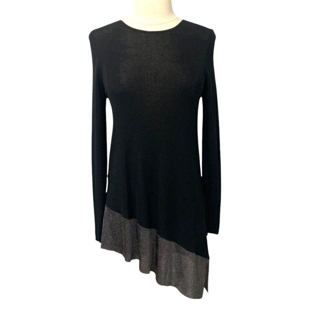 Eileen Fisher System NWT Black Rayon Crinkle Tunic Silver Asymmetric Size PS
